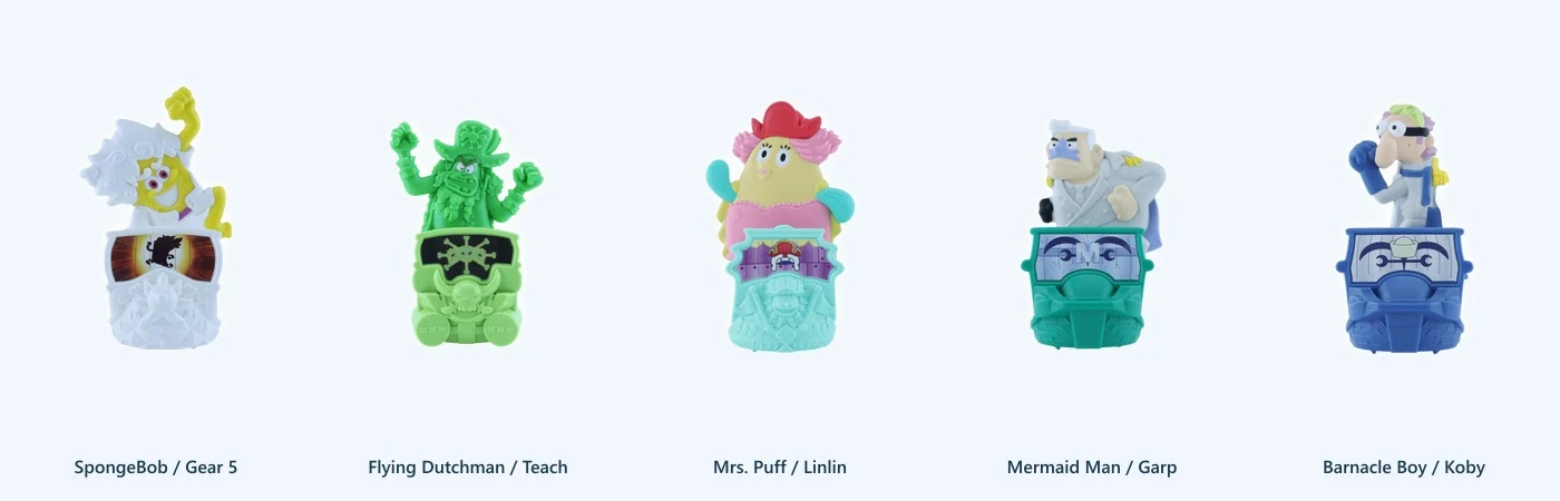 Gear 5 SpongeBob, Flying Dutchman, Mrs. Puff, Mermaid Man and Barnacle Boy crossover toys