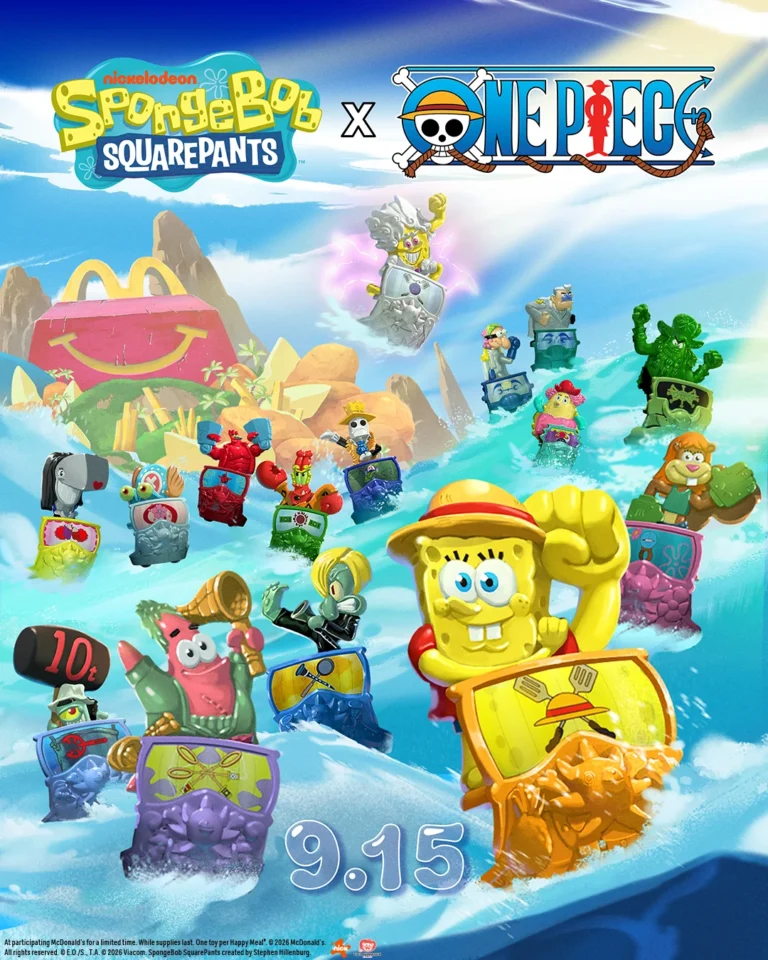Official SpongeBob x One Piece Happy Meal artwork showing the collectible toys