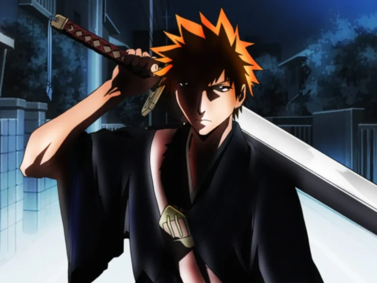 Ichigo holding his sword in the original Bleach anime