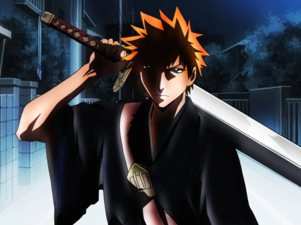 Ichigo holding his sword in the original Bleach anime
