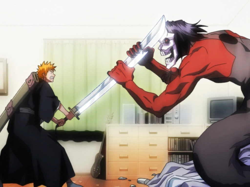 Ichigo and Rukia facing each other with swords in early Bleach