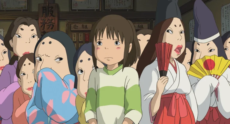 Chihiro among the bathhouse workers in Spirited Away
