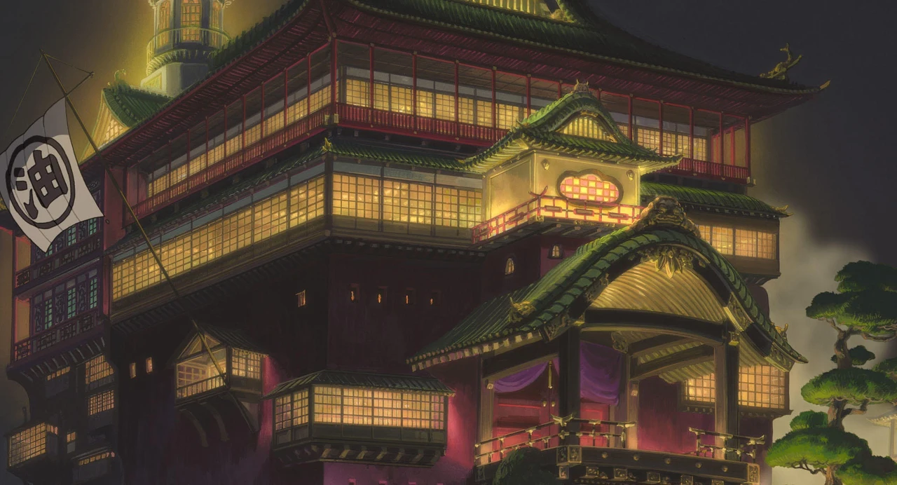 The illuminated bathhouse in Spirited Away