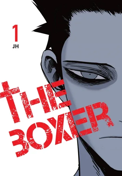 A black-and-gray close-up of a young boxer with The Boxer title in red on the English volume-one cover.