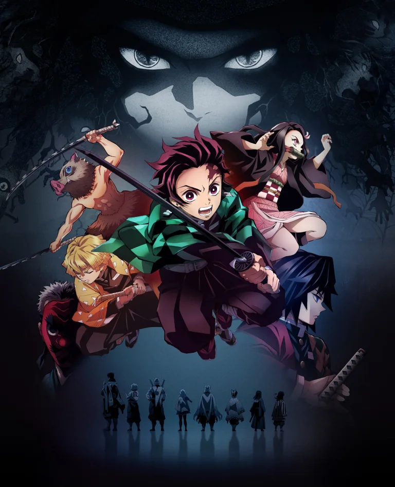 Tanjiro, Nezuko and other Demon Slayer characters beneath Muzan in the first-season key visual.