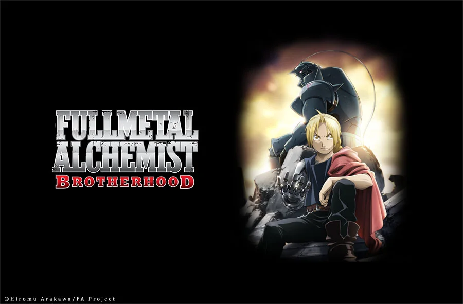 Edward seated in front of Alphonse’s armor beside the Fullmetal Alchemist Brotherhood title.