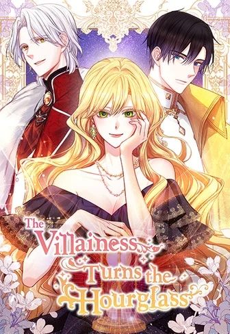 Aria in front of two male characters and an hourglass on The Villainess Turns the Hourglass cover.
