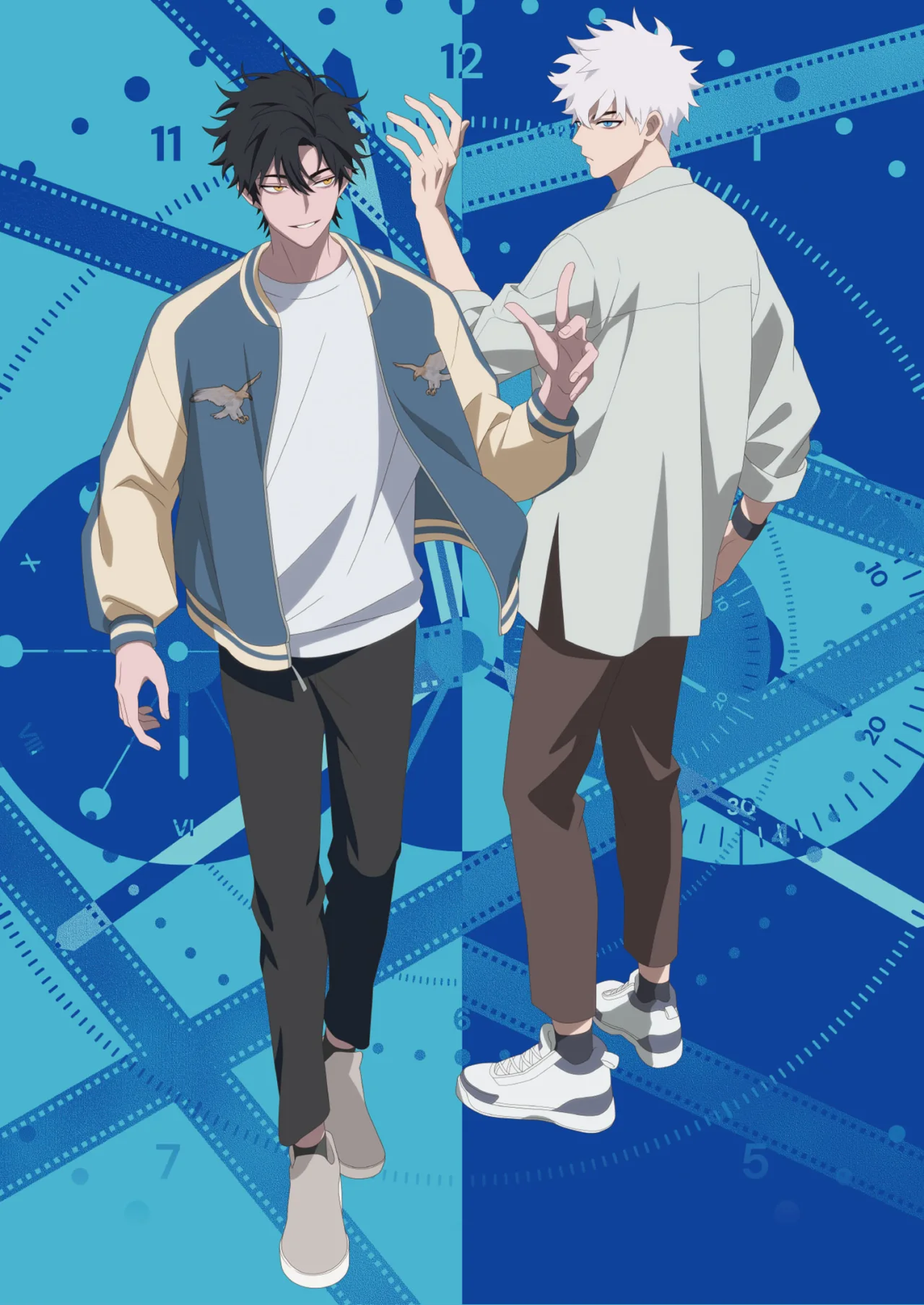 Cheng Xiaoshi and Lu Guang against a blue background patterned with clocks and film strips.