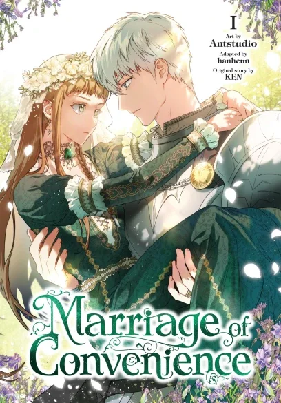Zachary carrying Bianca in a green wedding dress on the Marriage of Convenience volume-one cover.