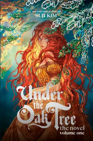 Maxi beneath leafy branches on the Under the Oak Tree cover, labeled the novel, volume one.