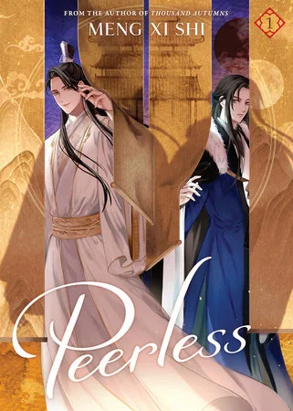 Two men framed by gold and purple doorways on the English cover of Peerless volume 1.