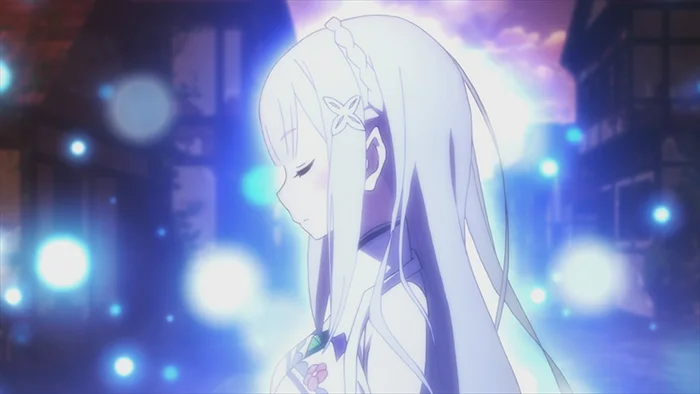 Emilia with her eyes closed and blue magic glowing around her in Re:Zero's first episode.