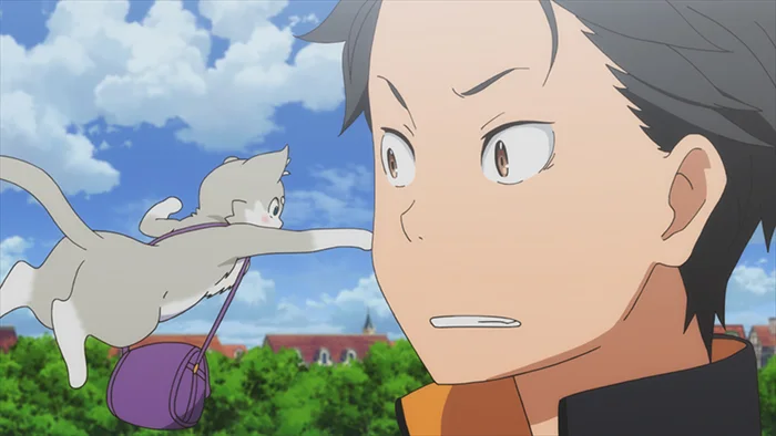 Puck floating beside Subaru in a bright street in Re:Zero's first episode.