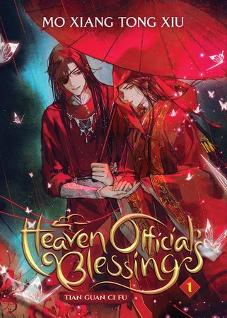 Two characters beneath a red umbrella on the English volume 1 cover of Heaven Official's Blessing.