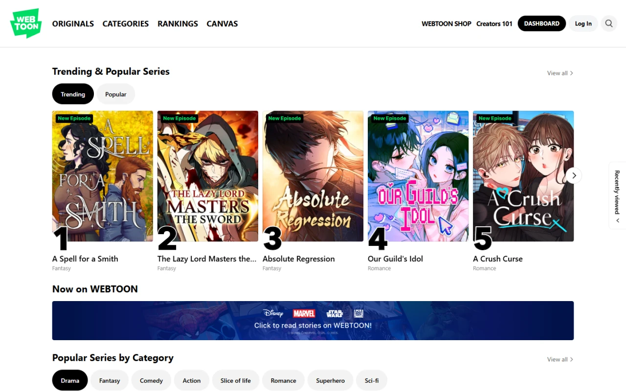 WEBTOON's English homepage with Originals, Categories and Rankings navigation above a row of comic covers.
