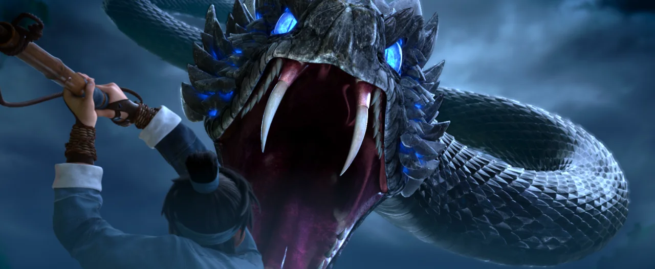 A person raising a weapon toward an enormous fanged creature with glowing blue eyes in White Snake.