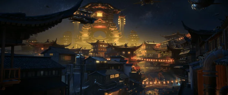 Illuminated towers, tiled rooftops and airborne vessels in a nighttime city from New Gods: Yang Jian.
